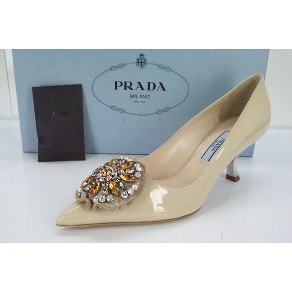 Prada Nude Patent Beaded Broach Mid Heel Pointy Toe Pumps - Picture 1 of 12